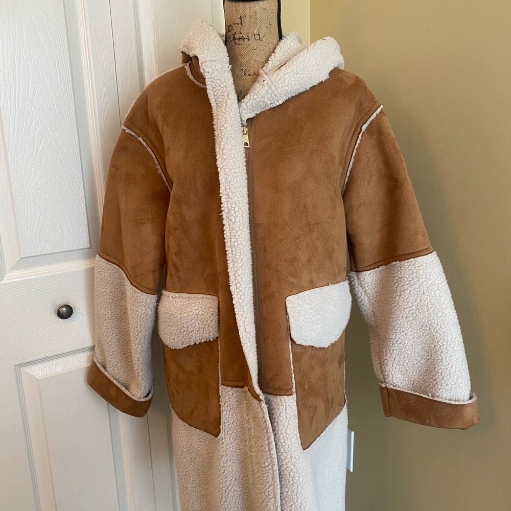 Zara Faux Suede Teddy Fleece Hooded Coat